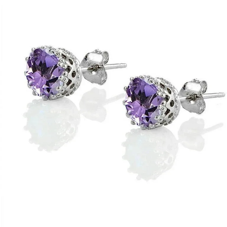 ✨ Natural Amethyst Floral Stud Earrings Solid 14K White Gold thumbnail