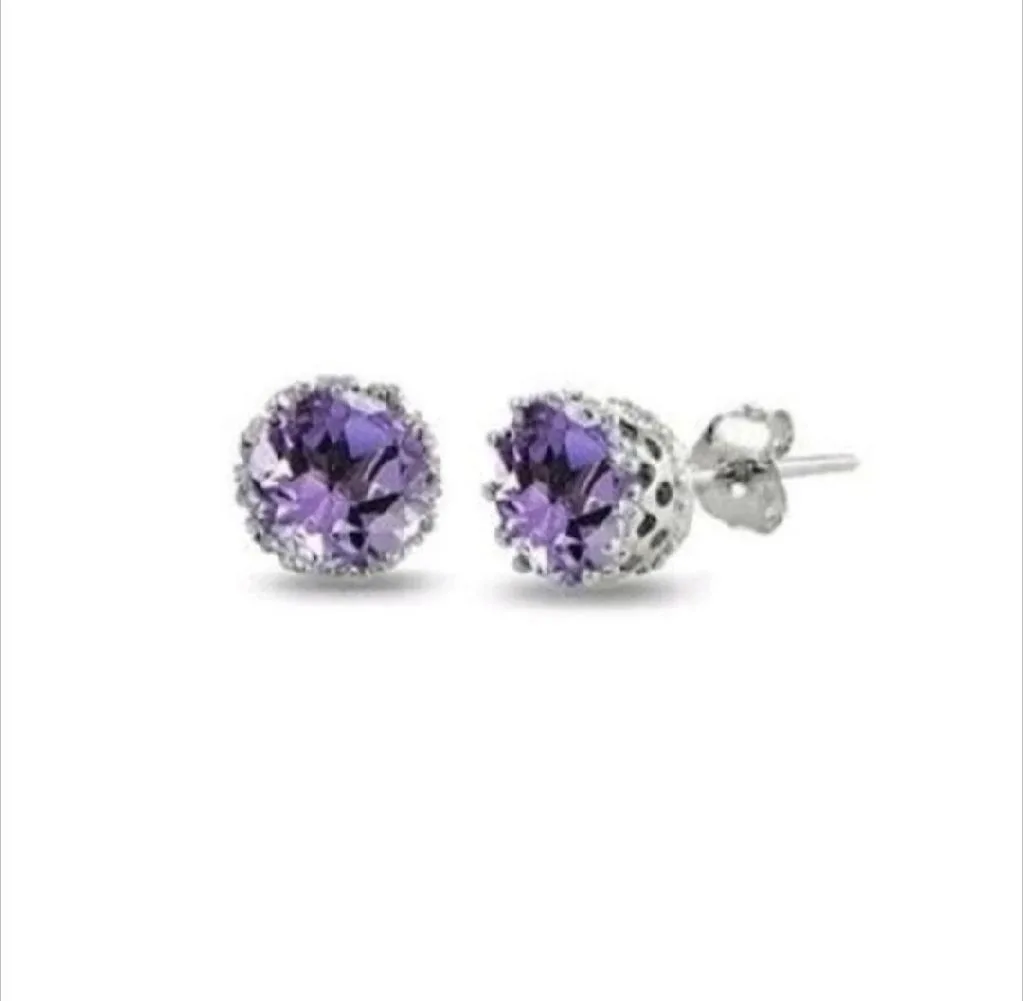 ✨ Natural Amethyst Floral Stud Earrings Solid 14K White Gold image indicator(2)