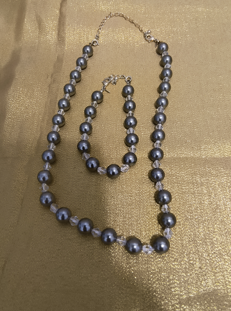 Faux Grey Pearl and Crystal Necklace and Bracelet Set
