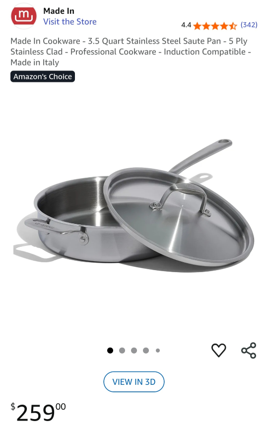 [Kitchen] Made In 3.5 Quart Stainless Steel Saute Pan