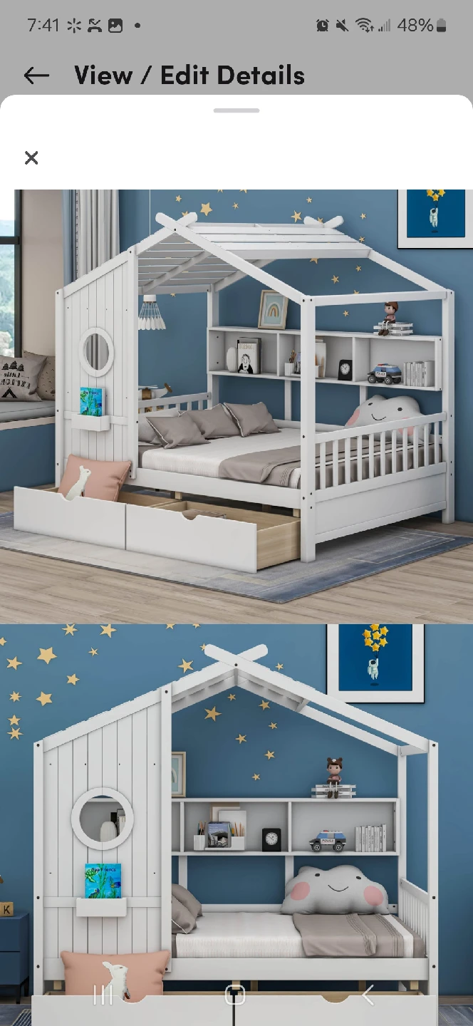 White Wood House Bed Frame with Storage
