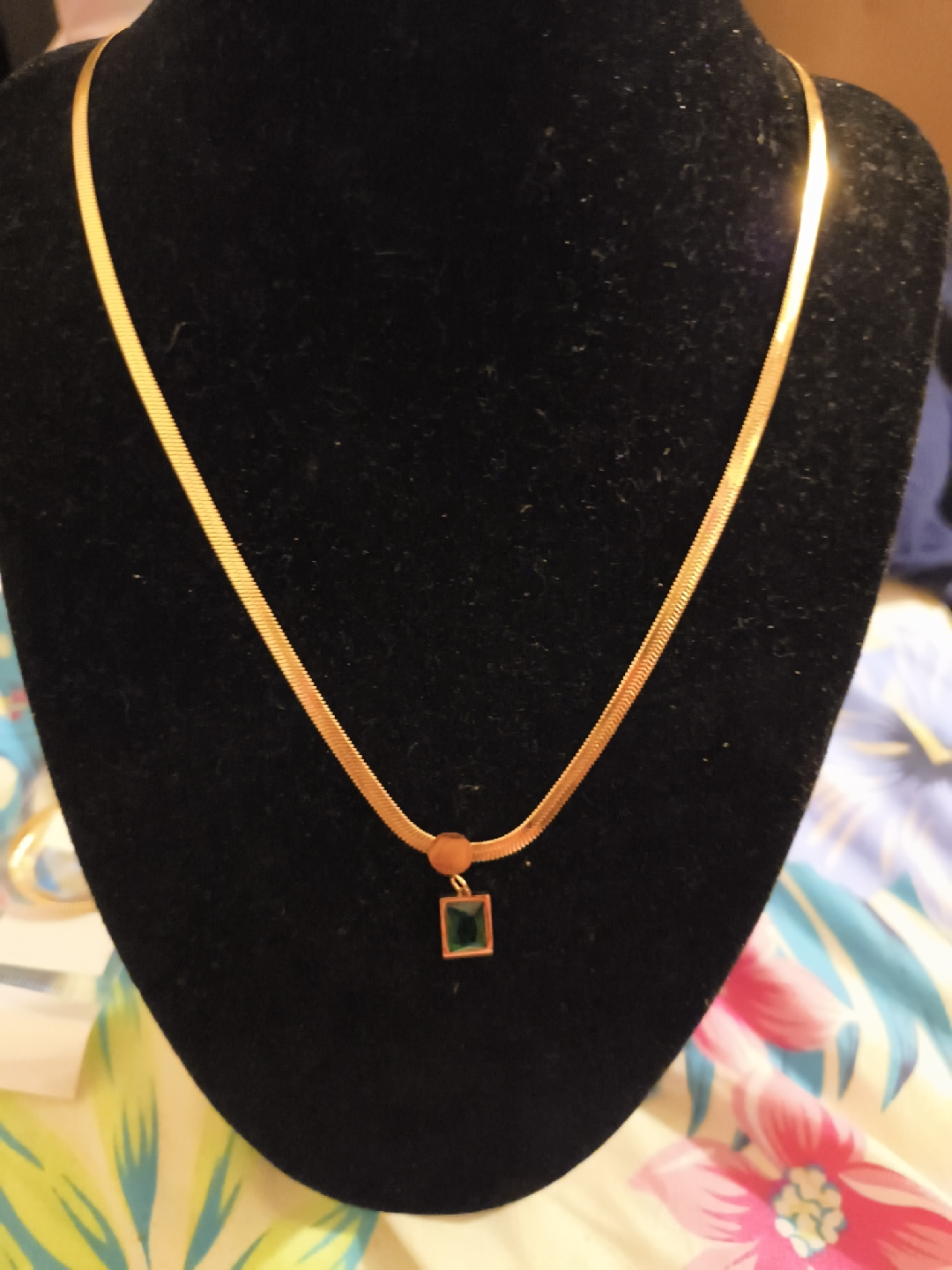 Gold Herringbone Necklace with Green Pendant
