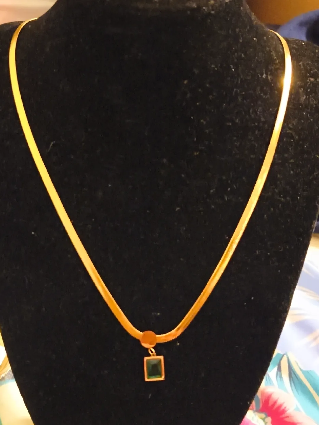 Gold Herringbone Necklace with Green Pendant image indicator(2)