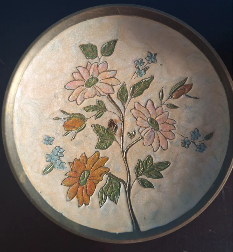 Vintage Brass with enamel  Floral Vase and Plate Set - photo 5