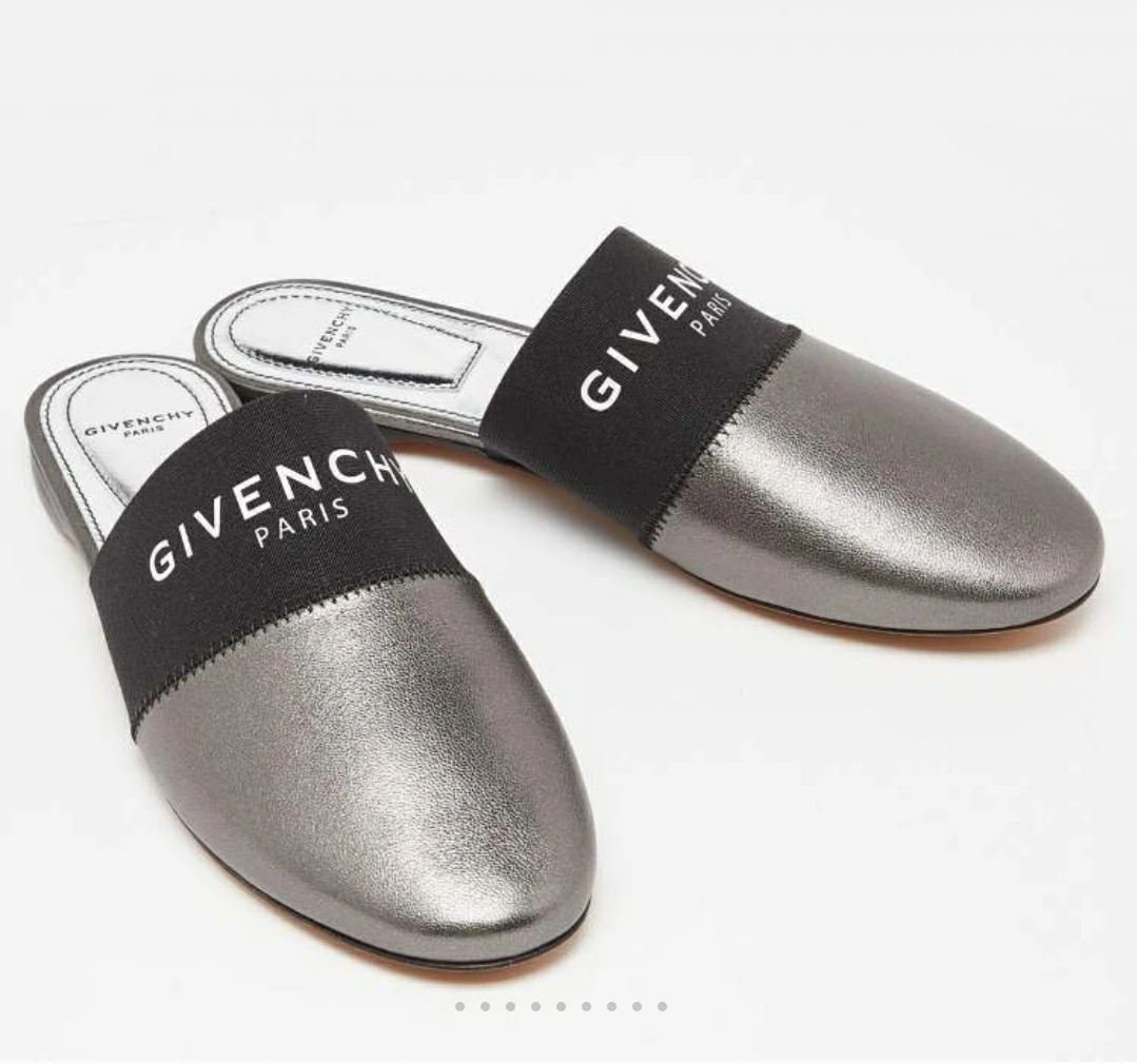 Givenchy Metallic Pewter Leather Logo Mules