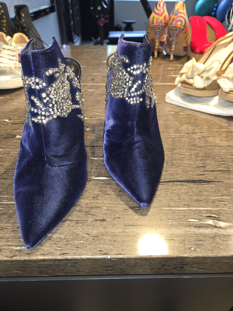 Jimmy Choo Blue Velvet Crystal Embellished Heels, Size 41