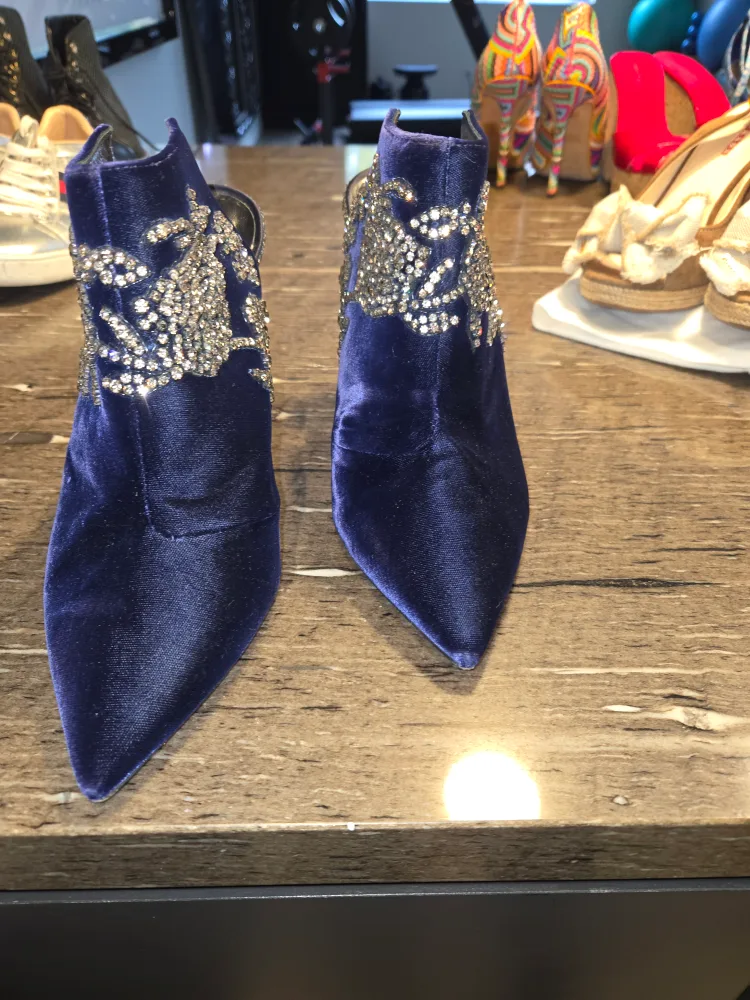 Jimmy Choo Blue Velvet Crystal Embellished Heels, Size 41 thumbnail