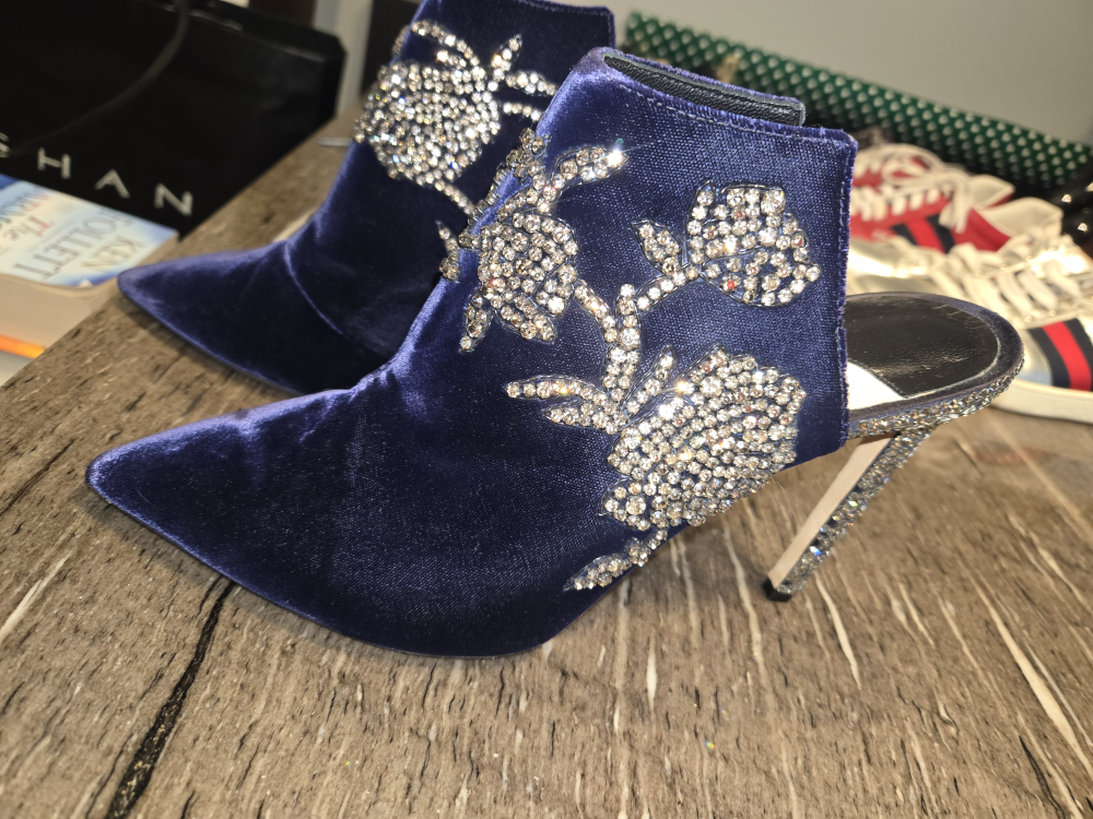 Jimmy Choo Blue Velvet Crystal Embellished Heels, Size 41 - photo 2