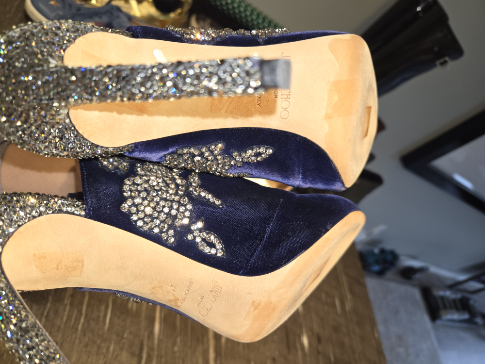 Jimmy Choo Blue Velvet Crystal Embellished Heels, Size 41 - photo 5