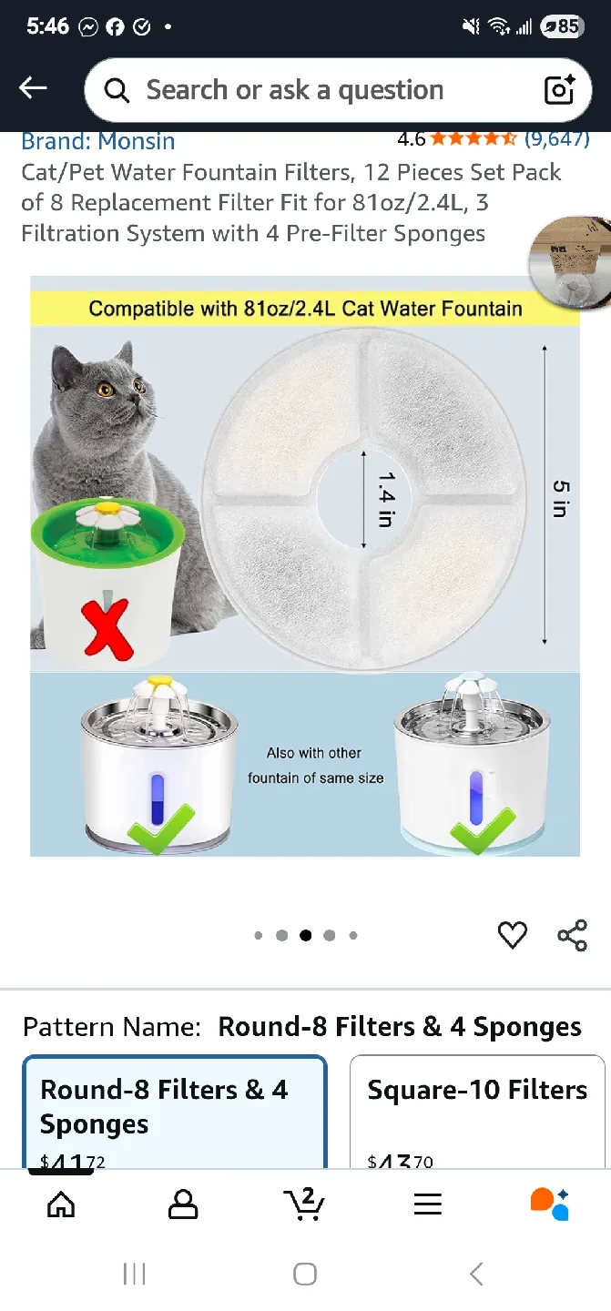 Monsin Cat Water Fountain Filters - Round 8 Filters & 4 Sponges