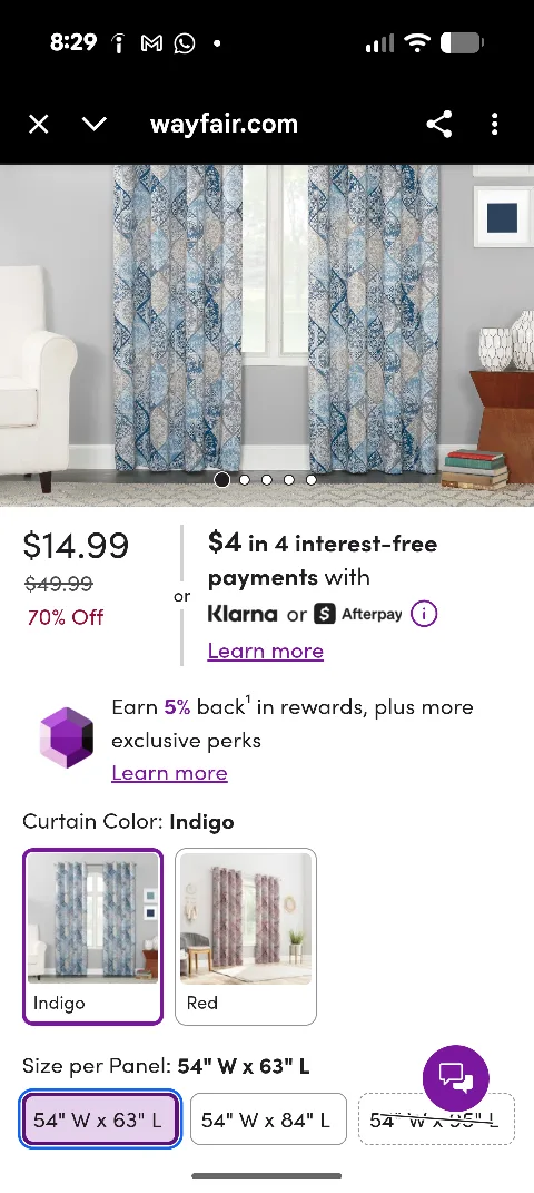 Wayfair Indigo Curtain Panel 54" x 63" thumbnail