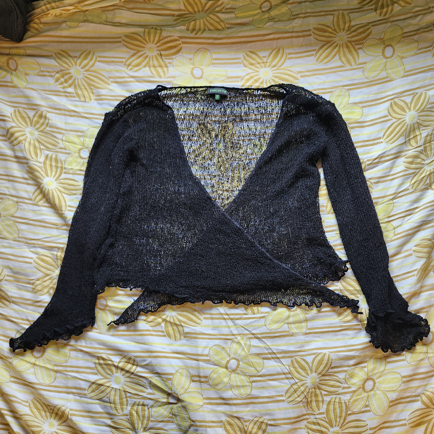 Black Tricotto wrap cardigan with ruffle sleeves