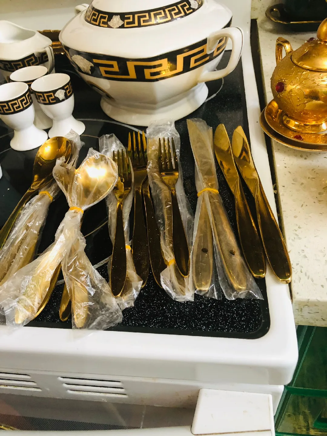 Versace Style Tea Set with Gold Cutlery image indicator(2)