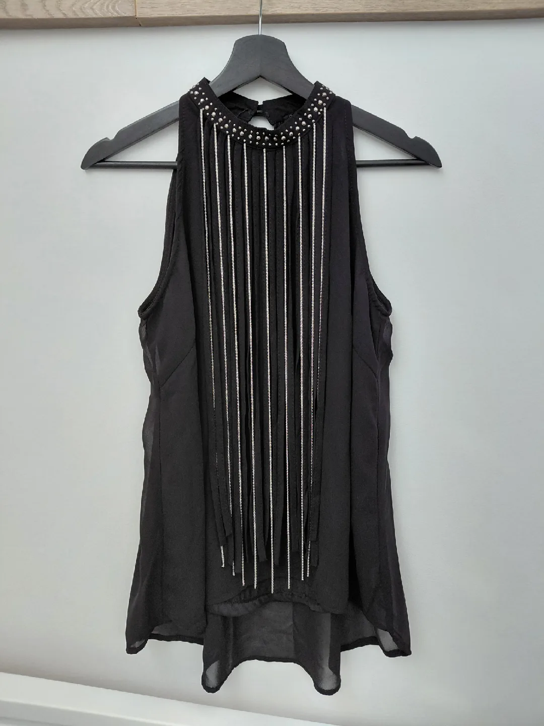 Black Sleeveless Top with Embellished Collar