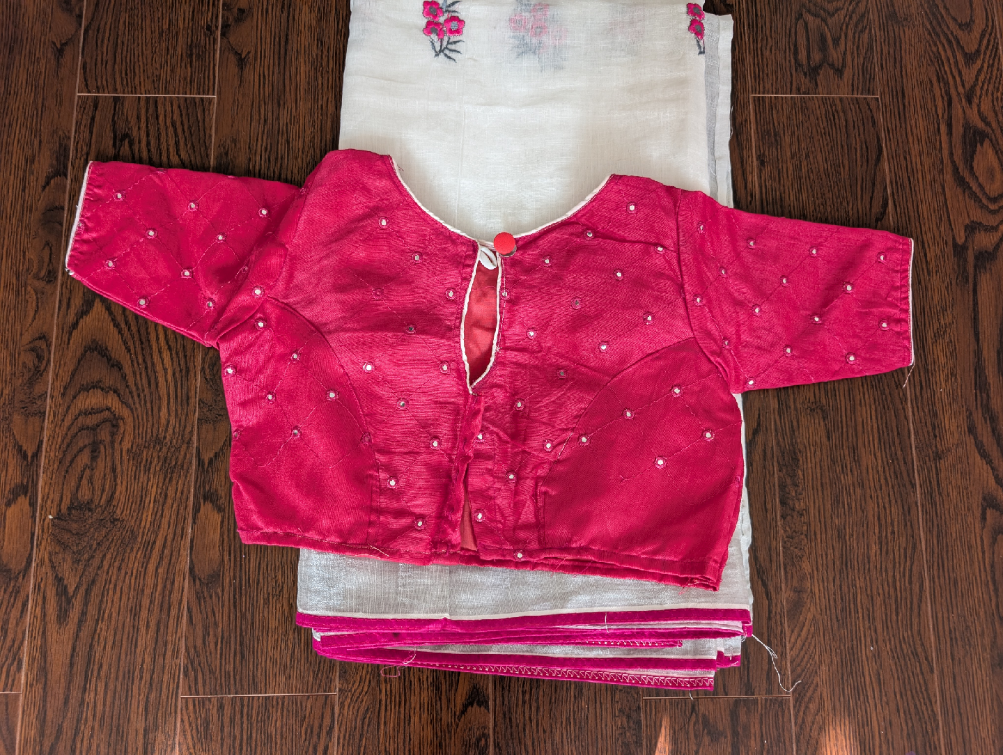 Pink Embellished Blouse & White Saree