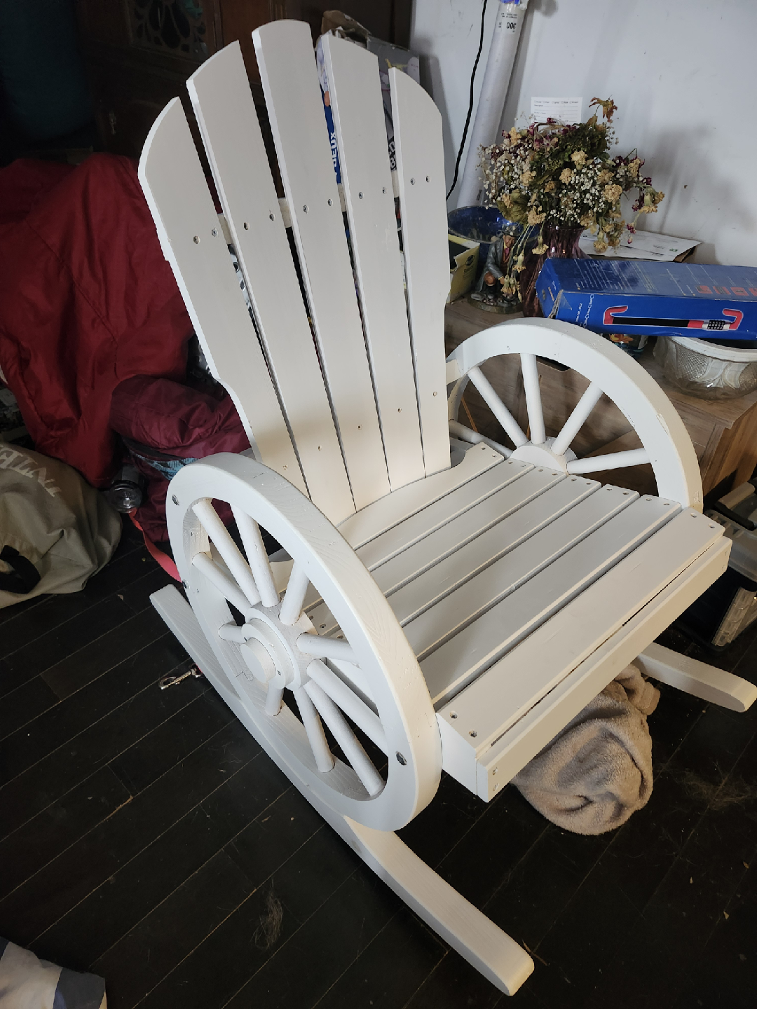 White Wooden Wagon Wheel Rocking Chair