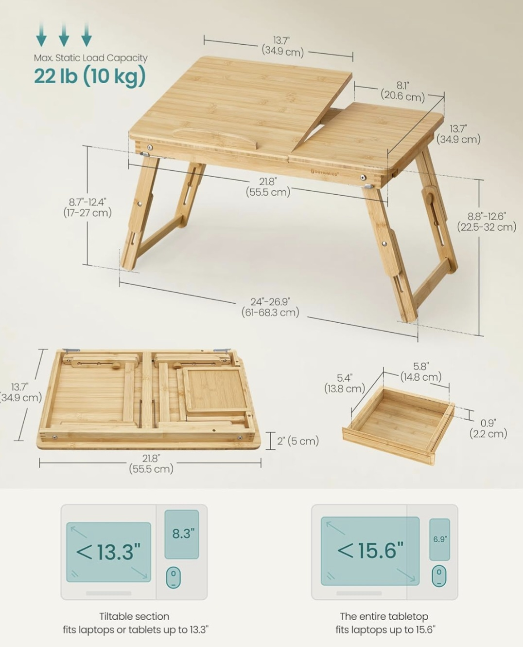 SONGMICS Bamboo Laptop Desk - Tilting Top & Folding Legs - photo 2