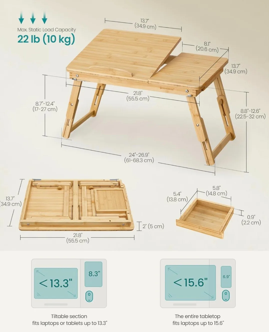 SONGMICS Bamboo Laptop Desk - Tilting Top & Folding Legs image indicator(2)