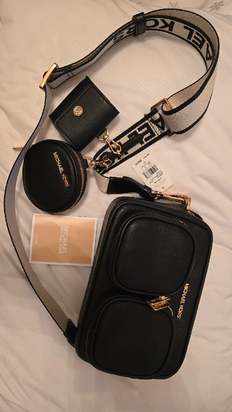 NWT Michael Kors Black Leather Crossbody Bag with Accessories image indicator(2)