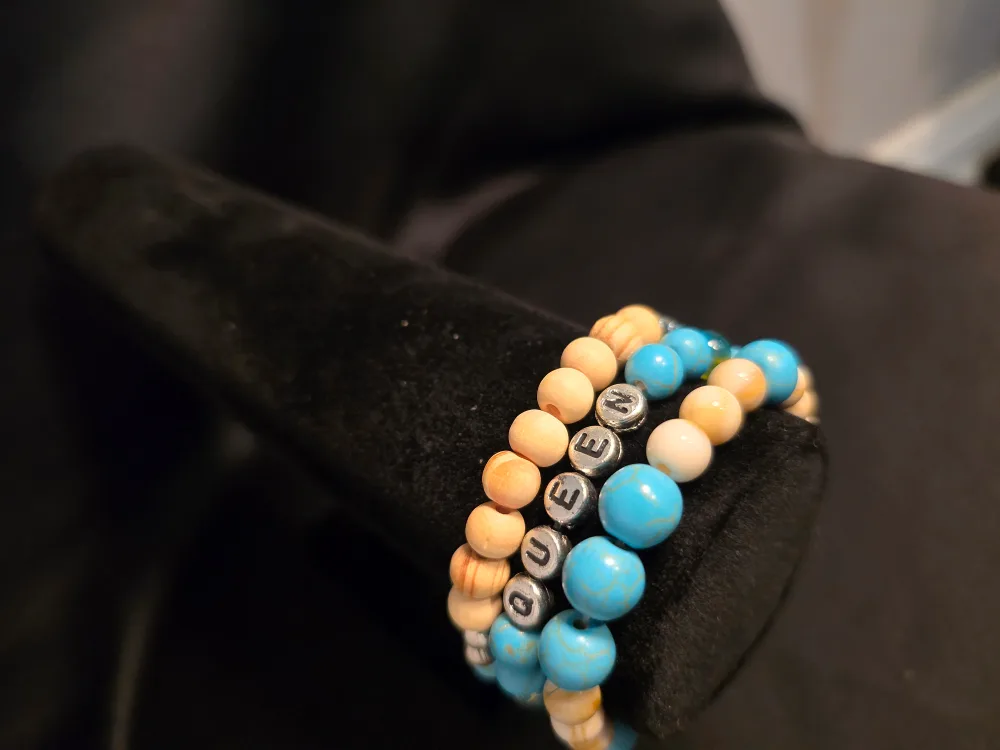 Beaded Bracelet - Turquoise, Cream, Wood thumbnail