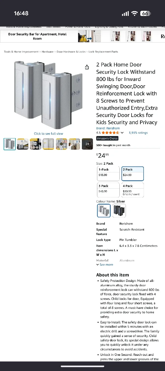 2 Pack Rerishom Home Door Security Lock - Silver image indicator(5)