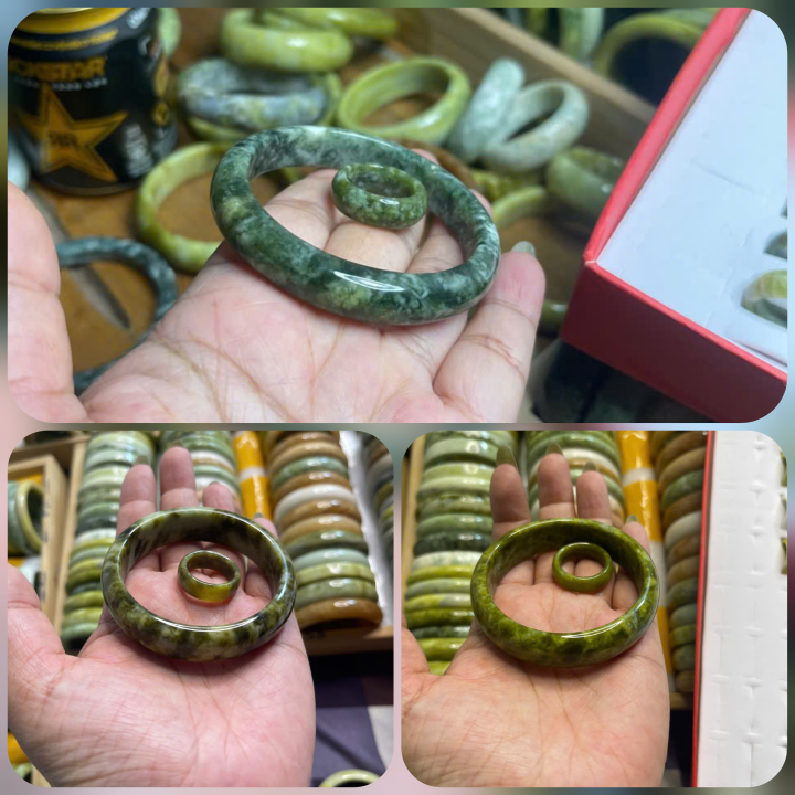 100% Natural Serpentine Jade Bangle and Ring Set