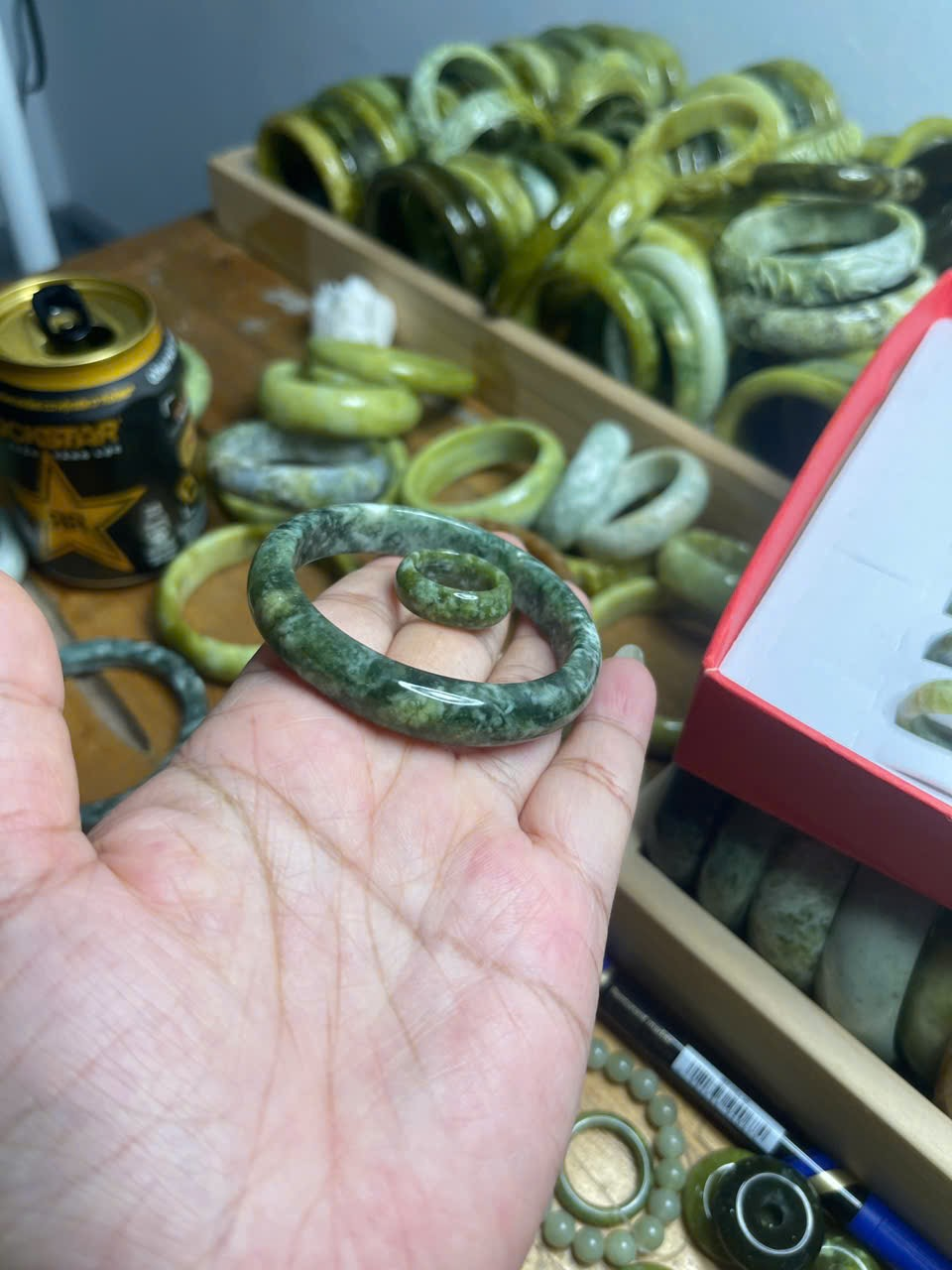 100% Natural Serpentine Jade Bangle and Ring Set - photo 2