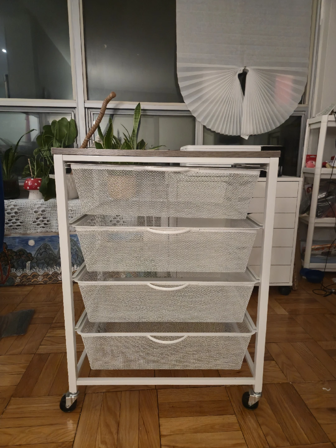 Costco white rolling cart with 4 mesh drawers
