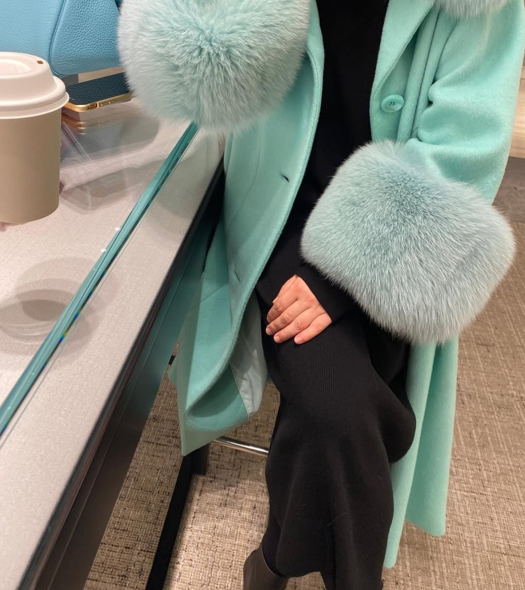 Mint Green Wool -Blend Coat with Genuine Saga Fox Fur - photo 5