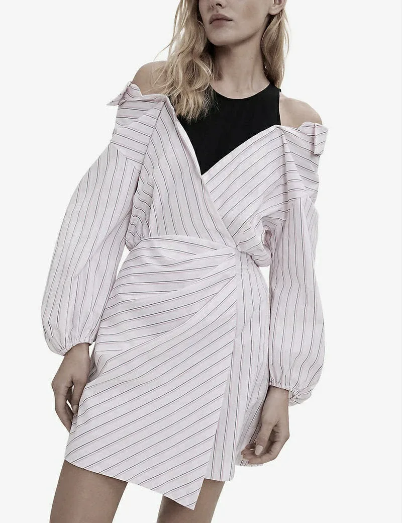 Maje Asymmetrical Striped Cold Shoulder Dress image indicator(2)