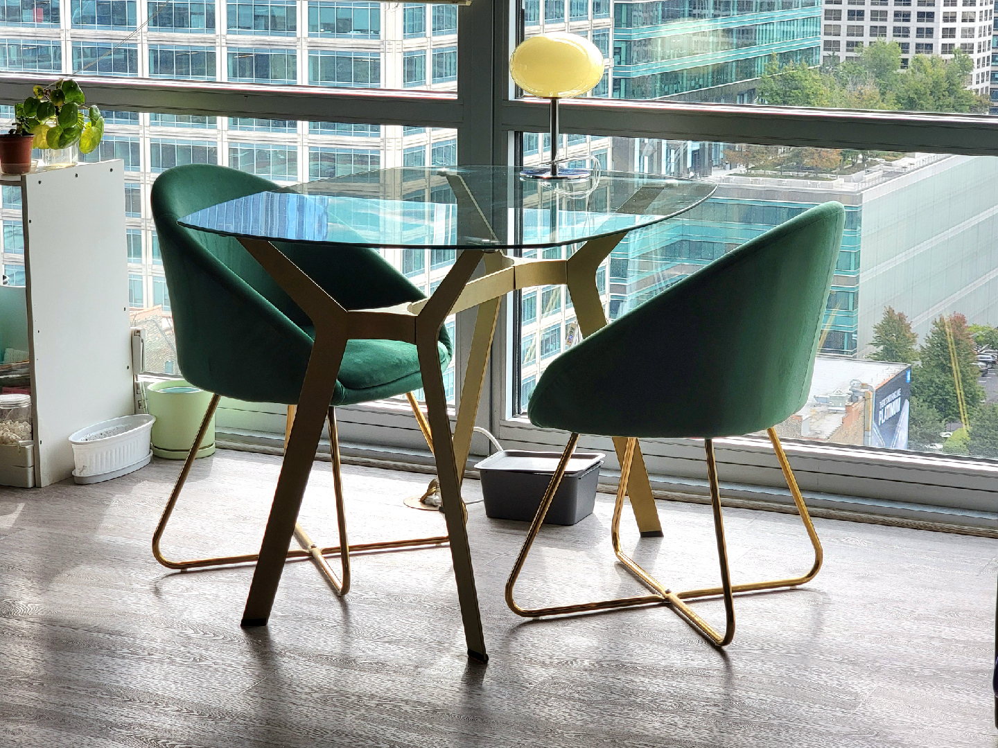 Glass Top Dining Table with 2 Green Velvet Chairs