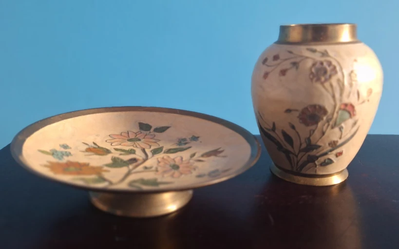 Vintage Brass with enamel  Floral Vase and Plate Set