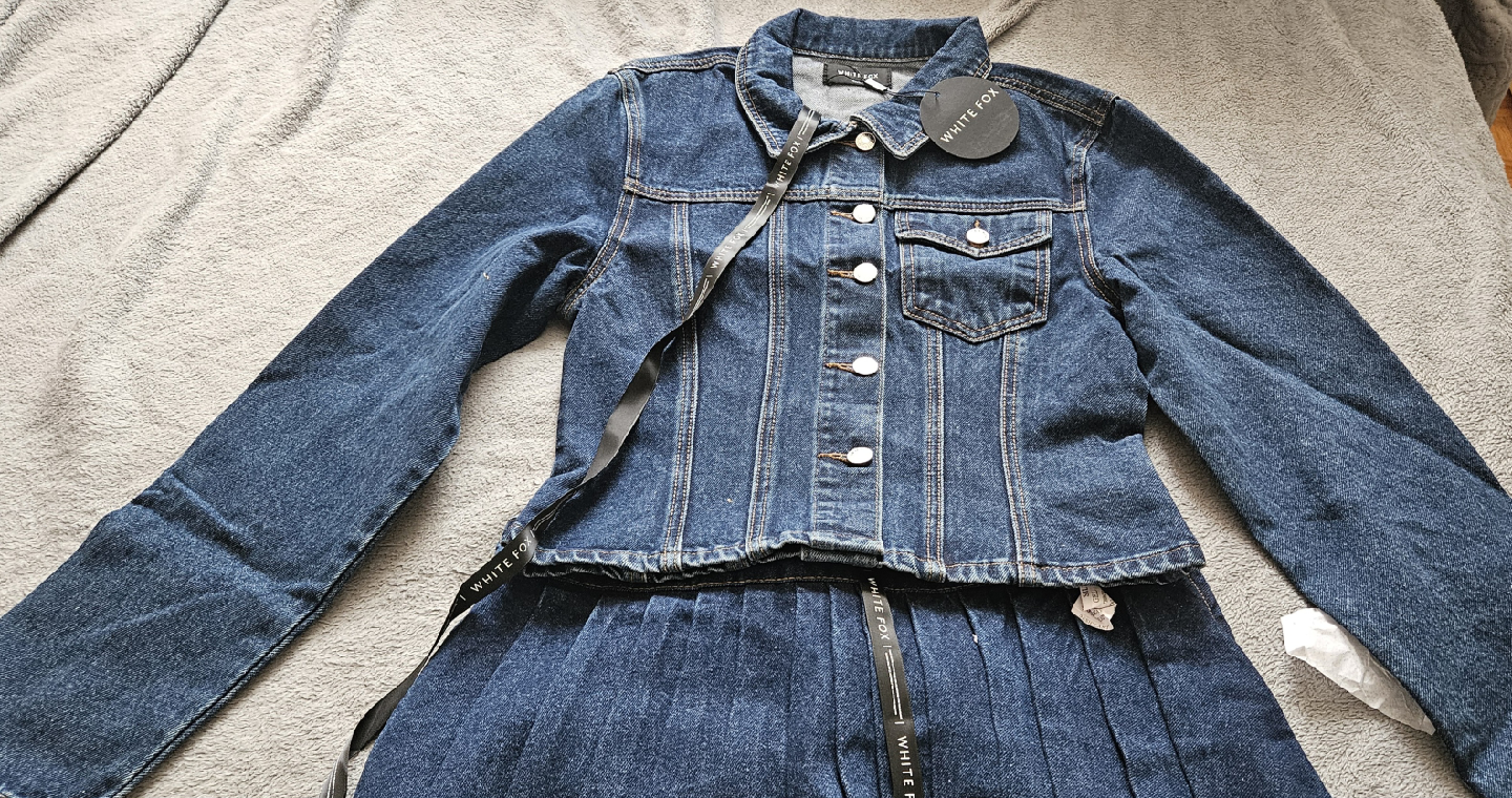 White Fox Denim Jacket & Skirt Set - Size M