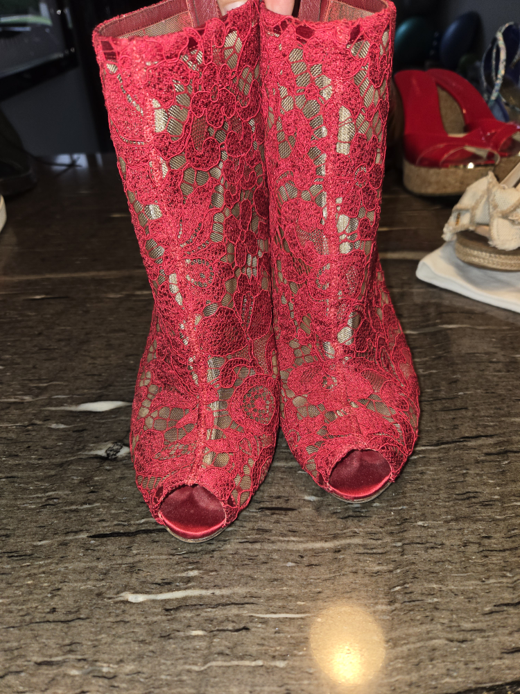 Dolce & Gabbana Red Lace Peep Toe Booties - Size 41