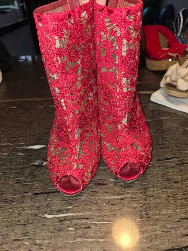 Dolce & Gabbana Red Lace Peep Toe Booties - Size 41 thumbnail