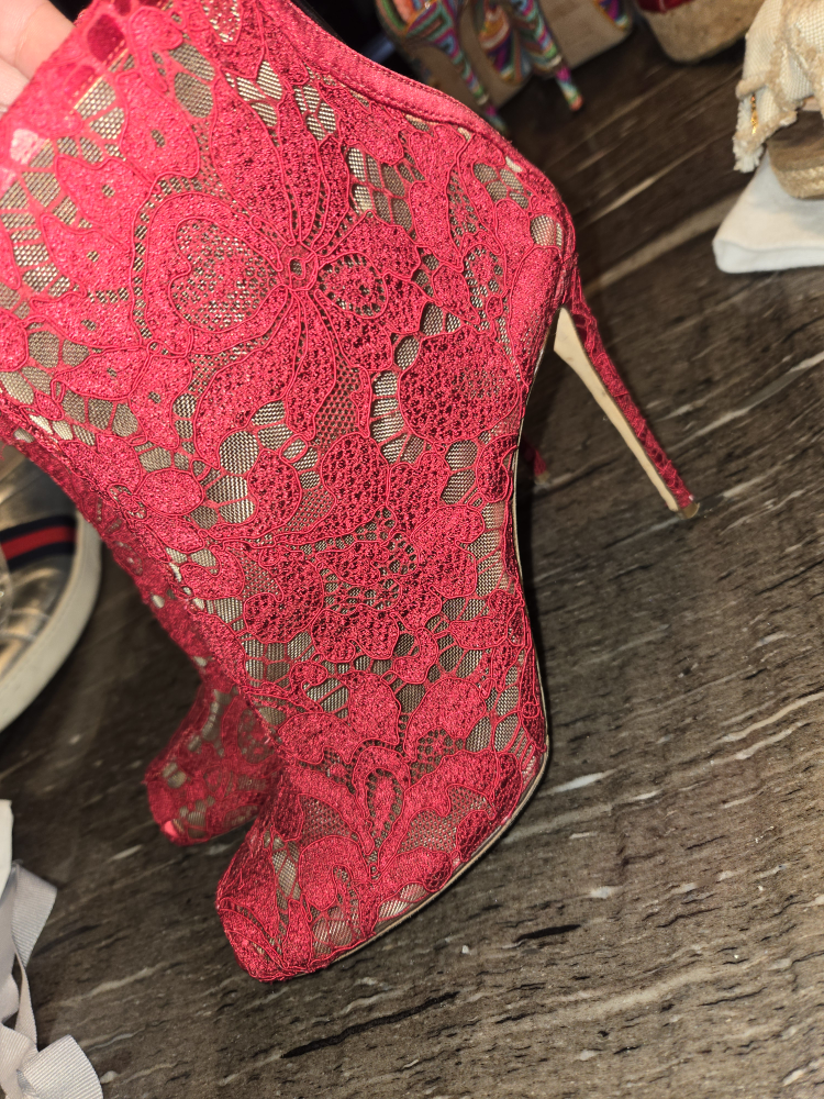 Dolce & Gabbana Red Lace Peep Toe Booties - Size 41 - photo 2