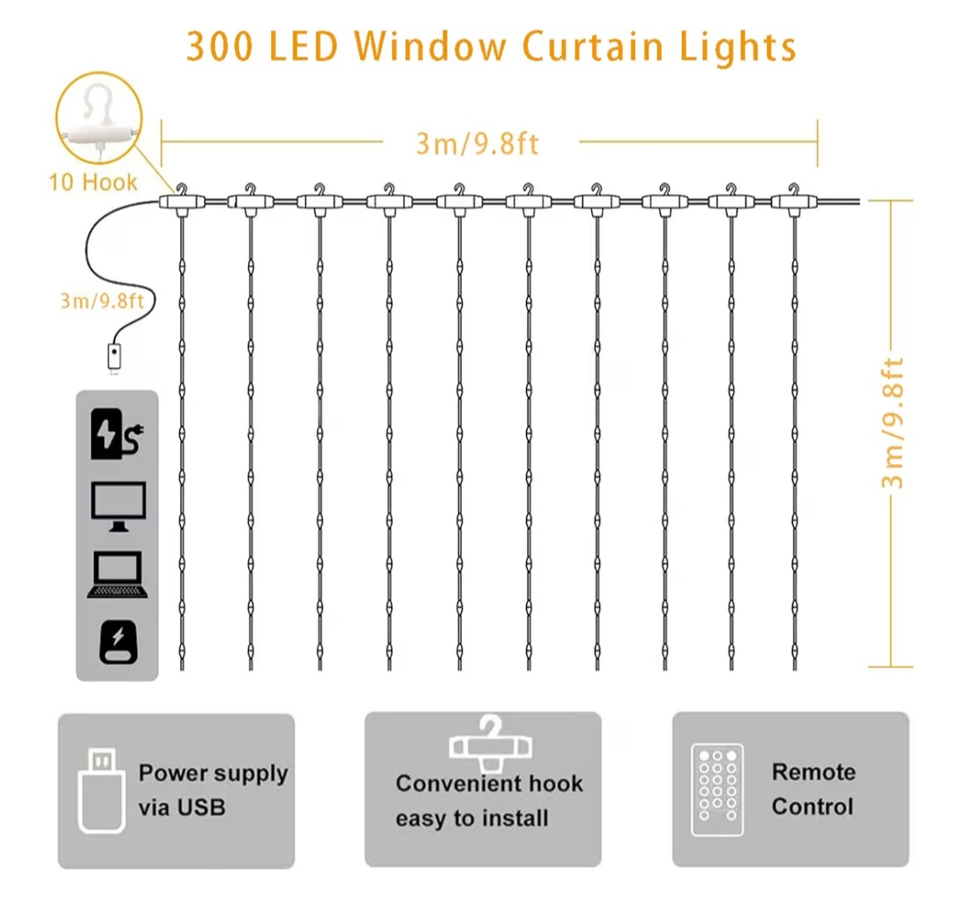 New 300 LED Window Curtain Fairy Lights 3M x 3M - photo 4