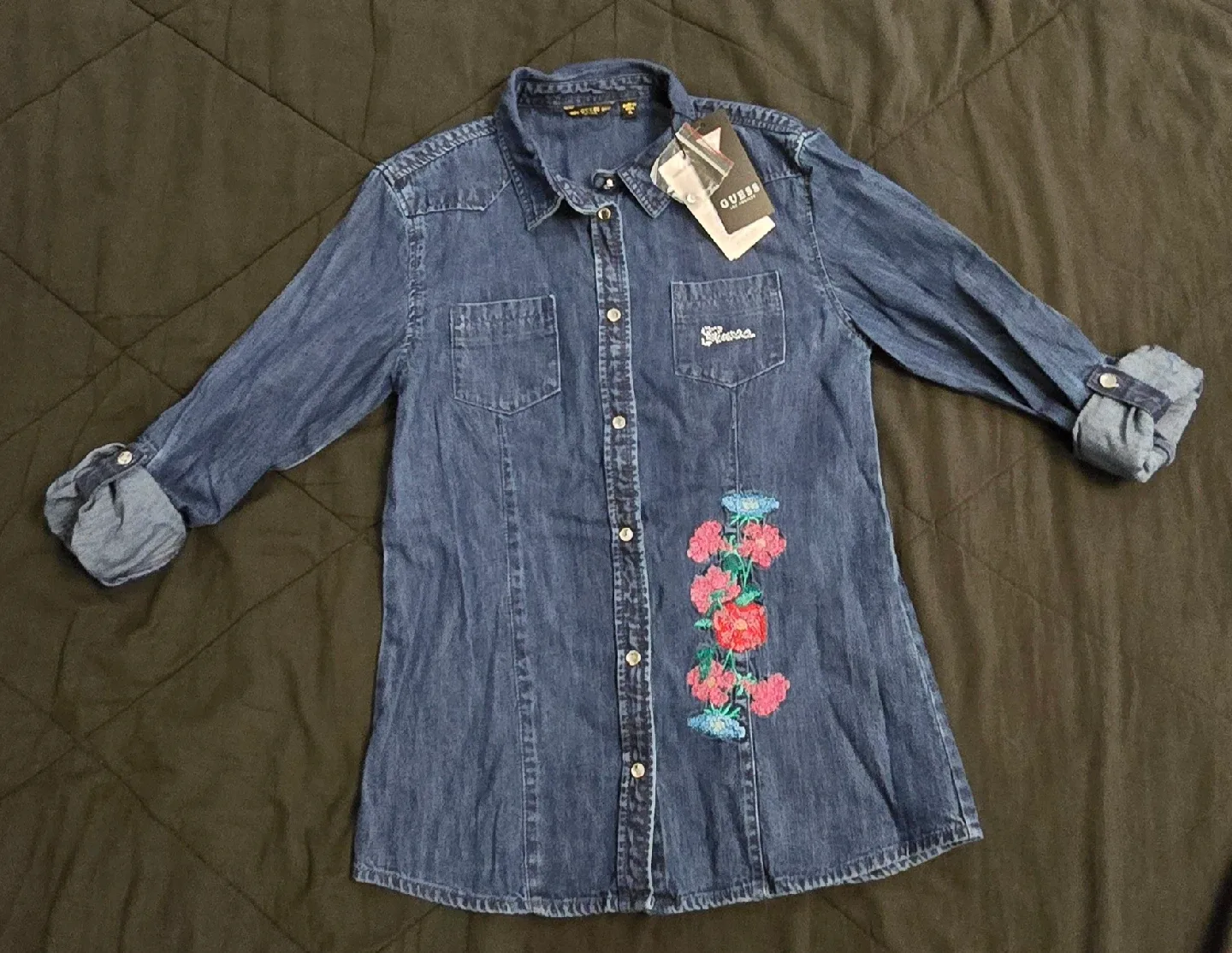 NEW! Guess Denim Shirt with Floral Embroidery! Size Kids 14 thumbnail