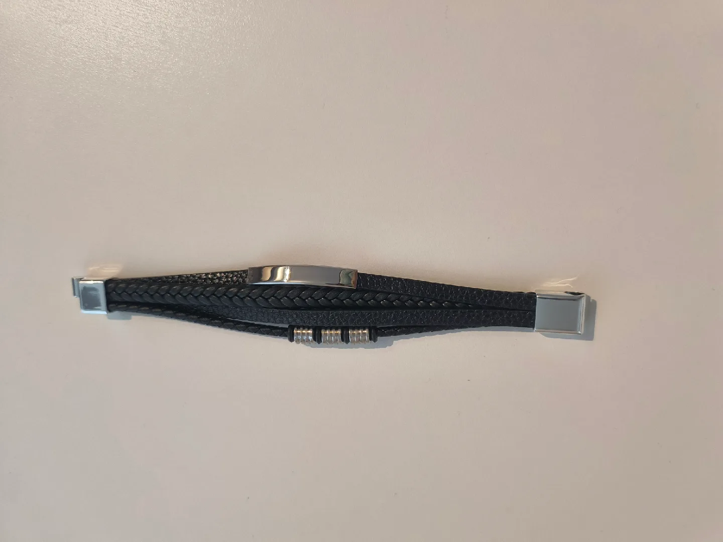 Men's Black Leather & Stainless Steel Bracelet image indicator(3)