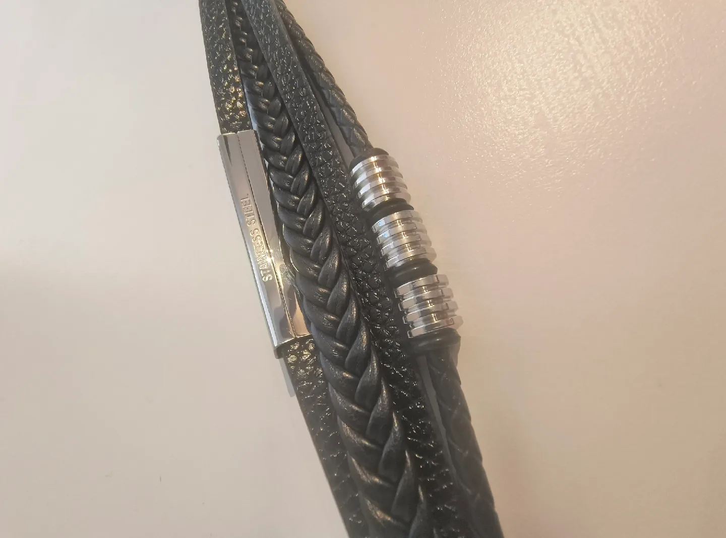 Men's Black Leather & Stainless Steel Bracelet image indicator(4)