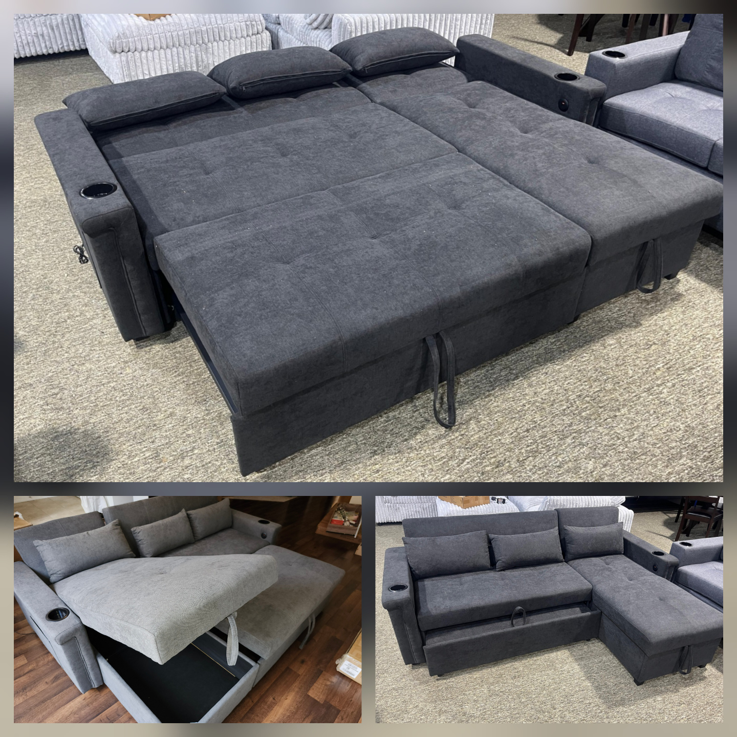 Grey Sleeper Sectional Sofa with Storage