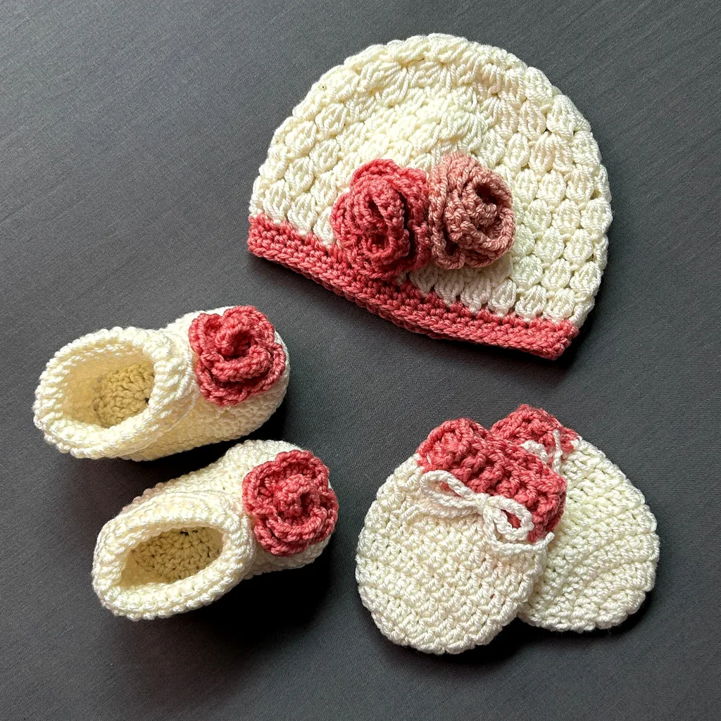 3 pc handmade baby girl roses gift set thumbnail
