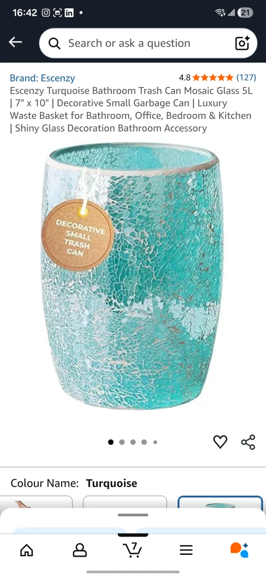 Escenzy Turquoise Mosaic Glass Trash Can
