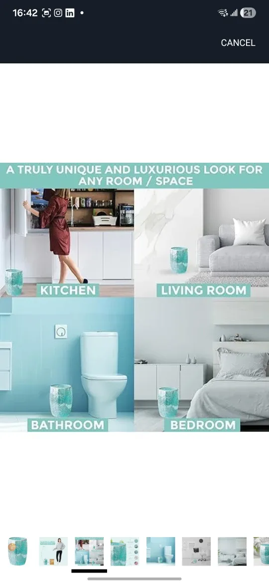 Escenzy Turquoise Mosaic Glass Trash Can image indicator(4)