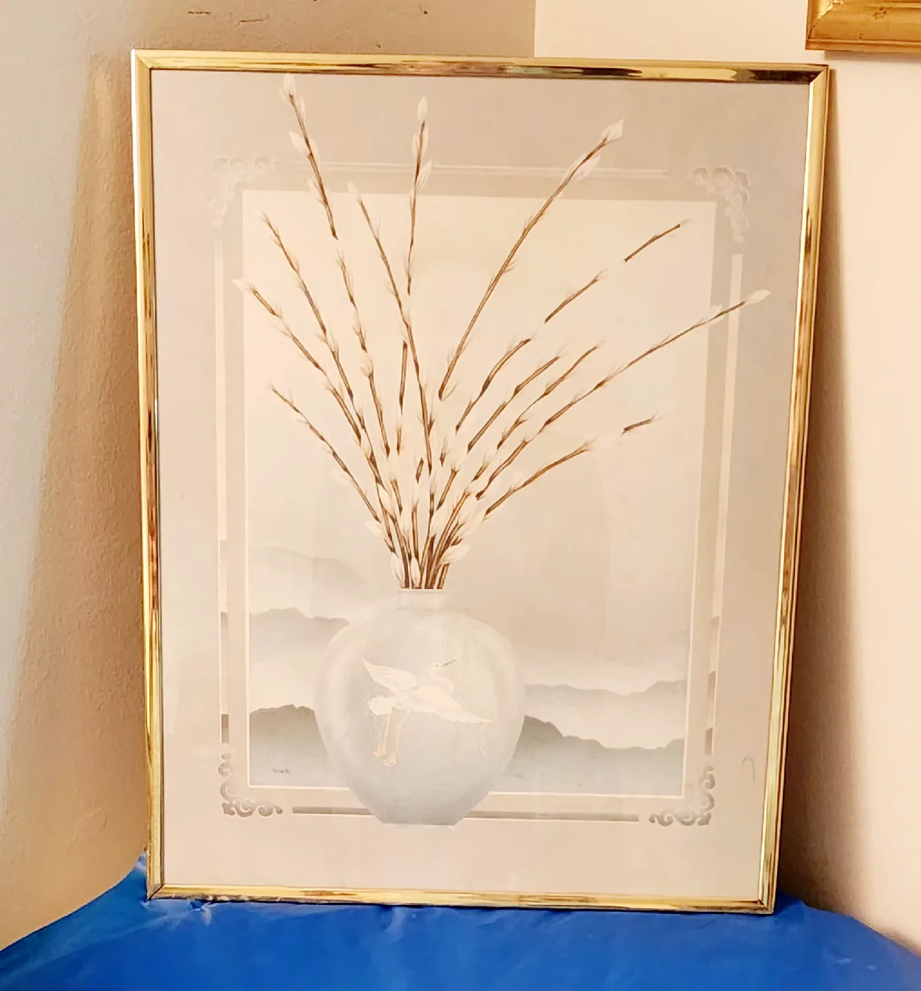 Framed Art Print - Vase with Branches & Crane thumbnail