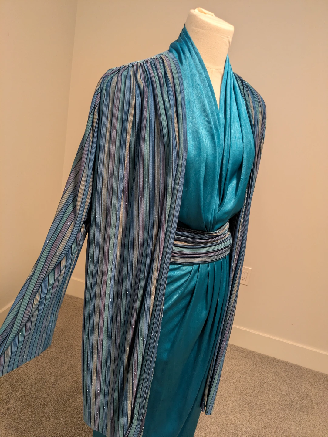 French Silk Formal Teal Halter Dress with Cardigan & Belt - photo 2