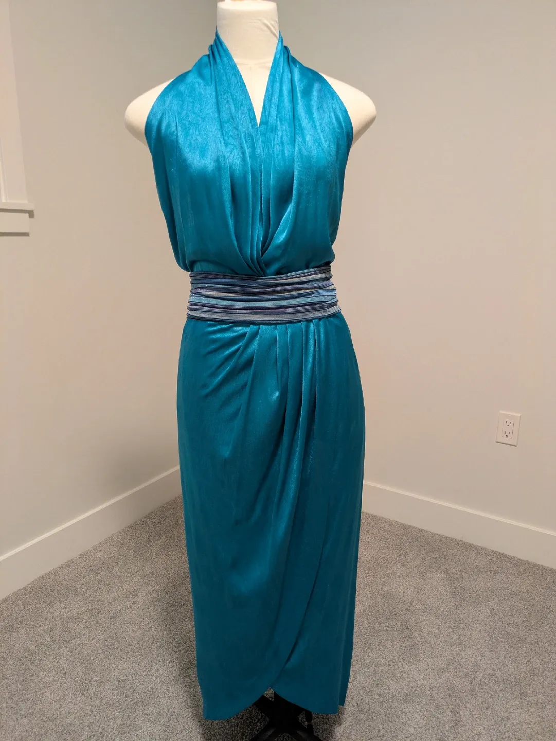 French Silk Formal Teal Halter Dress with Cardigan & Belt thumbnail