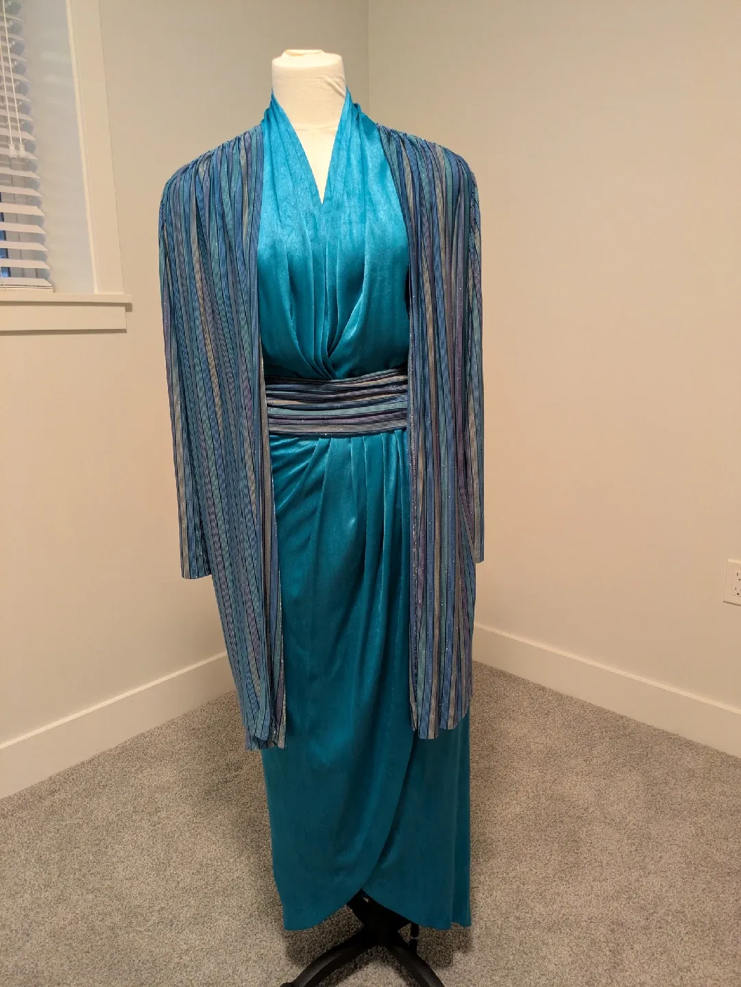 French Silk Formal Teal Halter Dress with Cardigan & Belt image indicator(5)