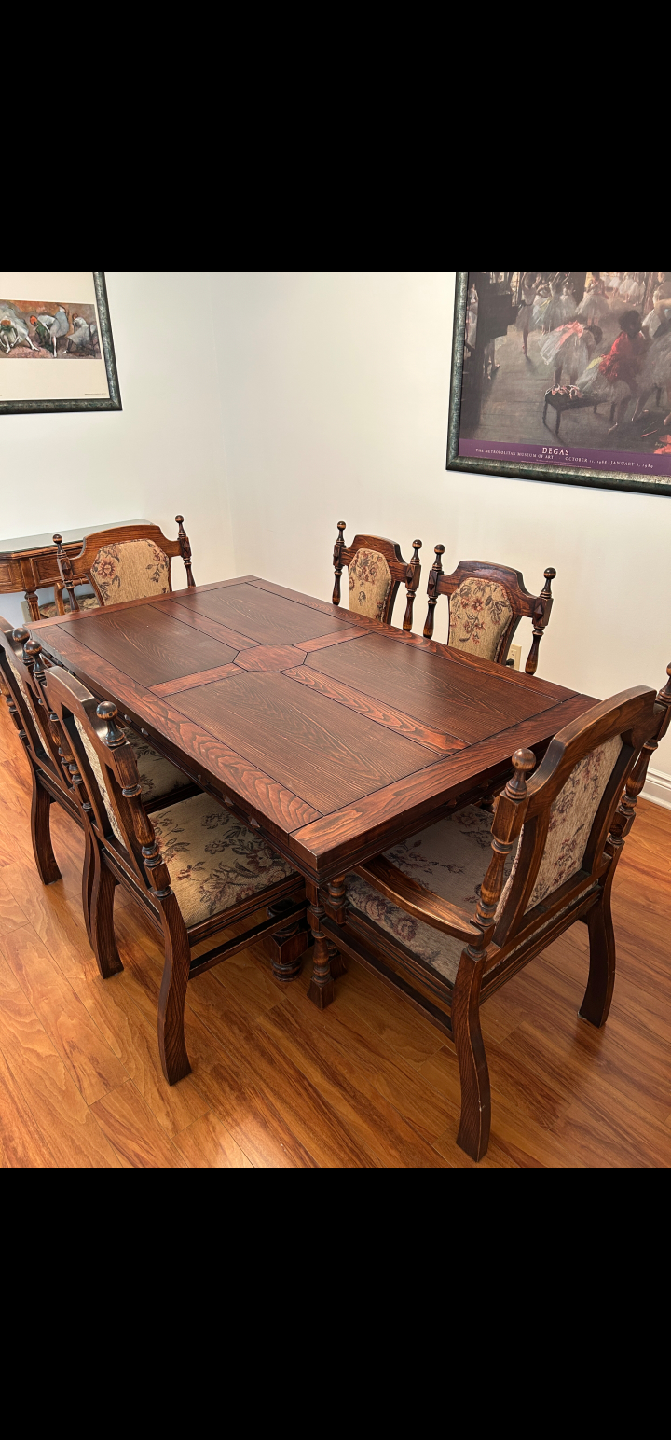 Antique Dark Wood Dining Table with 6 Chairs
