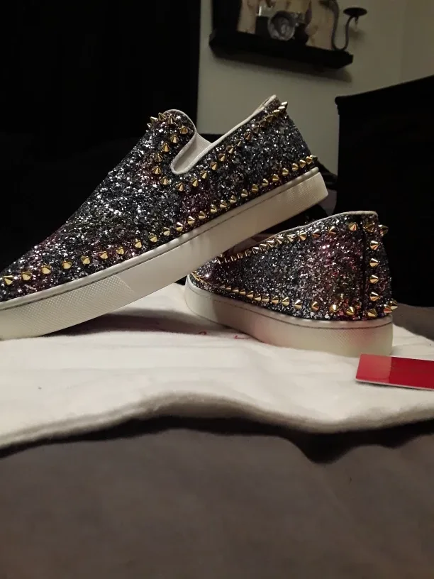 Christian Louboutin Glitter Spike Slip-On Sneakers, Size 43 image indicator(3)